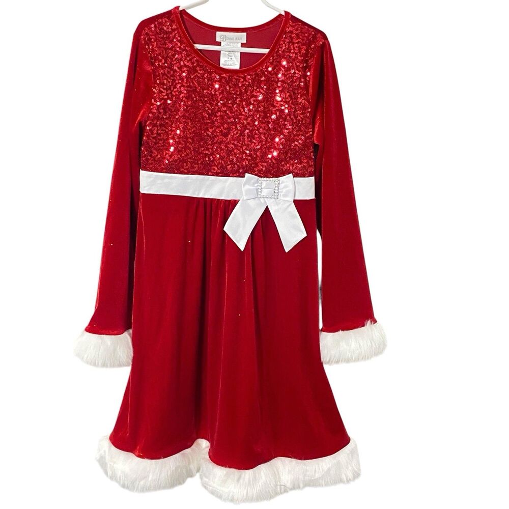 Bonnie Jean Red Christmas sequin lace velvet girls 14 white faux fur tie dress